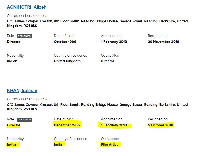 SALMAN KHAN VENTURES UK LIMITED. Incorporated on 1st feb 2018 and now it has proposal of strike off.There are three directors in this company