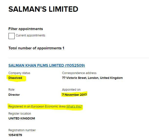 Now 3rd is SALMAN'S LIMITED which is Registered in an European Economic Area (Google it). registered on same date 7 November 2017 and dissolved .