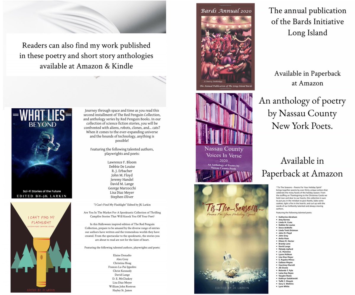 Readers can also find my work among these newly published, popular anthologies along with other talented authors and poets such as <a href="/Deblibrarian/">Debbie De Louise</a> ,Elaine Donadio, and more! 
All available at Amazon.com , Amazon Kindle &amp; Red Penguin Books
lisadiazmeyer.com