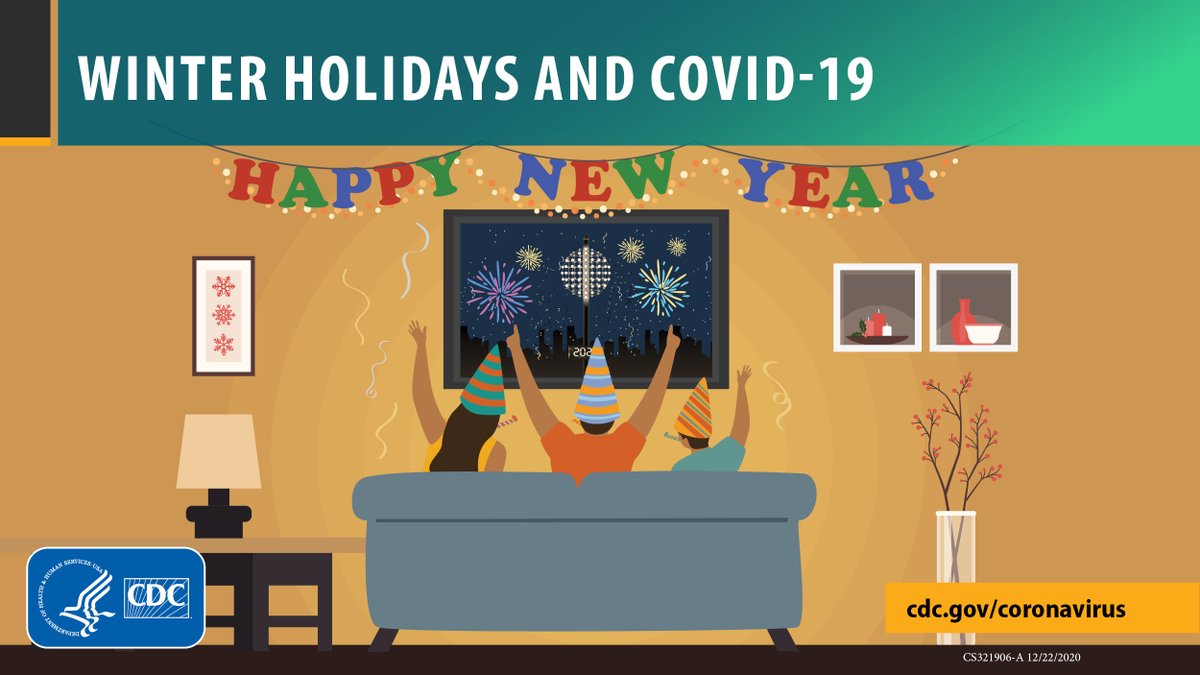CDCgov's tweet image. As #COVID19 cases rise, the safest choice this #NewYear is staying home. Celebrate with the people you live with by watching a livestreamed firework display, concert, or other New Year’s programming from home. More tips: bit.ly/37UfFuX.