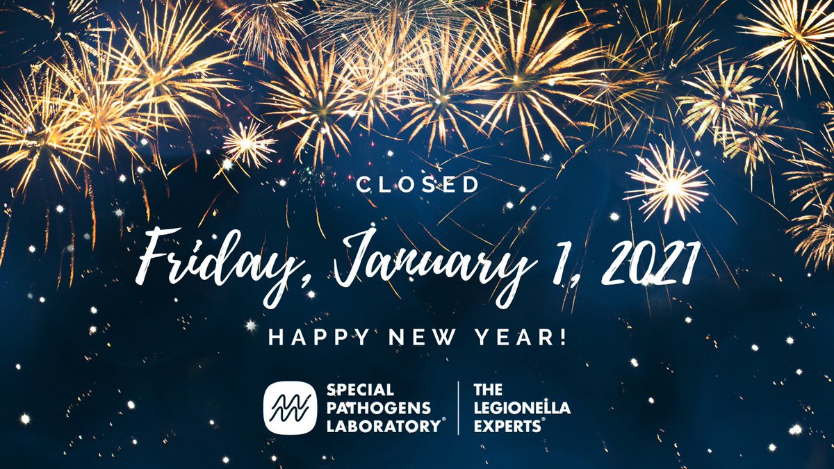 specialpathlab's tweet photo. We will be closed Friday, January 1 for the holiday, and will resume normal business hours on Monday, January 4. Have a safe and happy new year from all of us here at SPL!
#specialpathogenslab #legionella #legoinnairesdisease #goodbye2020 #hello2021 #2021 #happynewyear https://t.co/NmLuwt8Xux