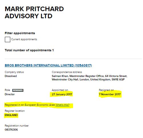 10th is MARK PRITCHARD ADVISORY LTD in which director is their 8th company BROS BROTHERS INTERNATIONAL LIMITED! And it is registered in an European Economic Aria.