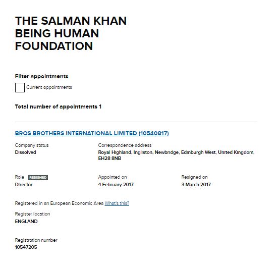 11th is THE SALMAN KHAN BEING HUMAN FOUNDATION in which again director is BROS BROTHERS INTERNATIONAL LIMITED!