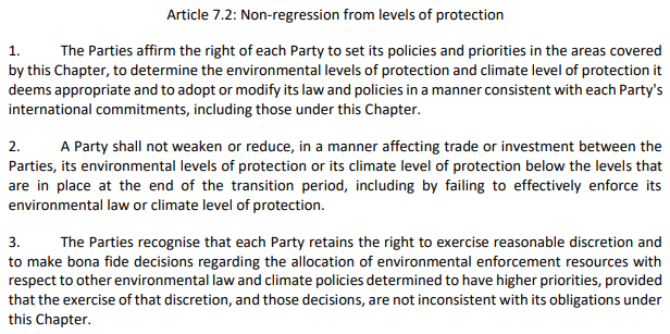 The UK- #EU  #FTA appears to create dual status for the  #climate &  #ecological emergencies.Perhaps unsurprisingly for a  #trade deal, commitments to  #environment  #nonregression only apply insofar as they affect trade. The treaty doesn't guarantee all green standards will be upheld