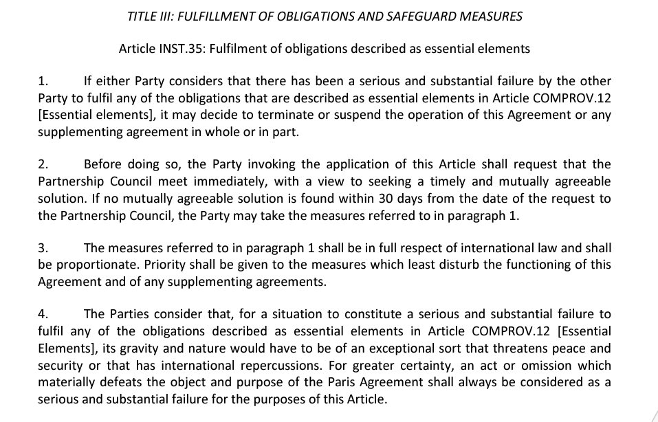 As  @mwgehring points out, failure to meet  #ParisAgreement commitments could be a material breach of the treaty, with trade repercussions. Importantly, any serious deviation could be deemed to have trade implications. This is good, if properly enforced.