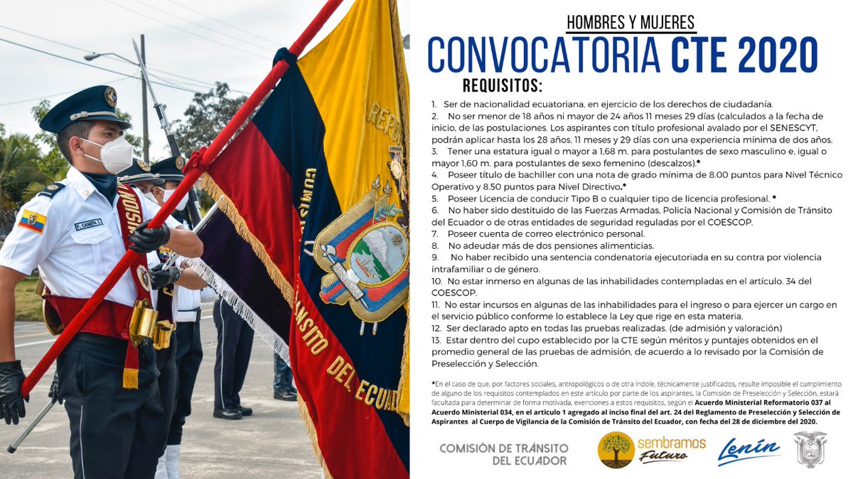 CTEcuador's tweet photo. La Comisión de Tránsito del Ecuador informa a la ciudadanía en general sobre los requisitos y el inicio del Proceso de preselección y selección para ciudadanos hombres y mujeres 2020 aspirantes a Inspector en el Nivel Directivo y Agente de Tránsito 4°. https://t.co/q5aYloJBqY
