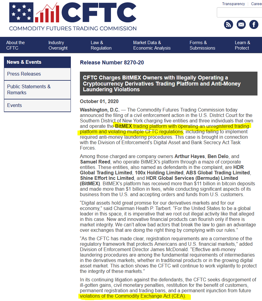 3/ Between 2015 and today the CFTC has confirmed this stance numerous times but actions speak louder than words. Who do you think persecuted Bitmex this year if Bitcoin is still deemed a commodity? Yes it's the CFTC:  https://www.cftc.gov/PressRoom/PressReleases/8270-20