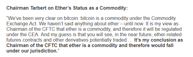 4/ If that isn't enough for you we can look at Ethereum which ICOed in 2014 so it arguably comes much closer to being considered a security than Bitcoin. CFTC Chairman Heath Tarbert also deemed it a security.
