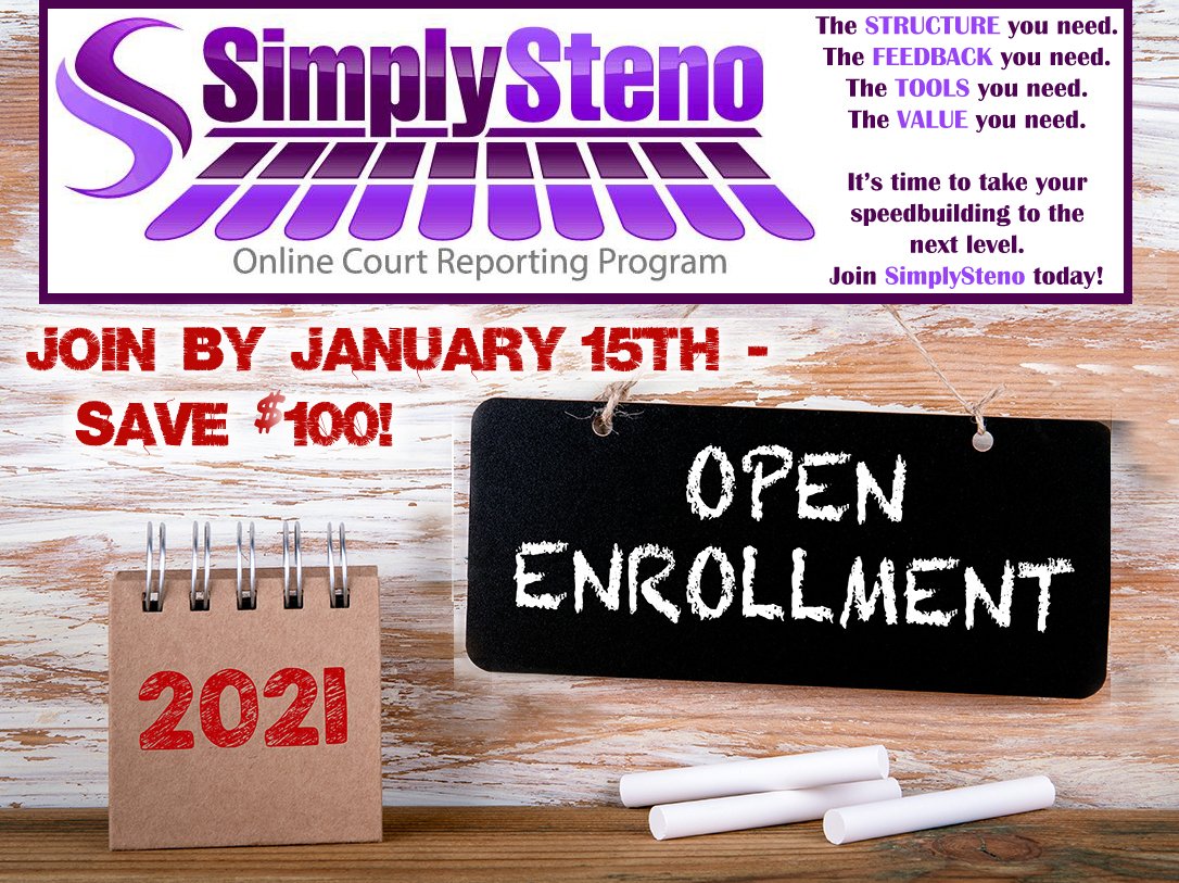 SimplySteno is OPEN once more!  The structure, feedback, tools, and value you need to make 2021 your year for speedbuilding success!  Sign up by 1/15/21 and save $100 or more!  You've heard the success stories.  Now...it's YOUR time to shine!
simplysteno.com