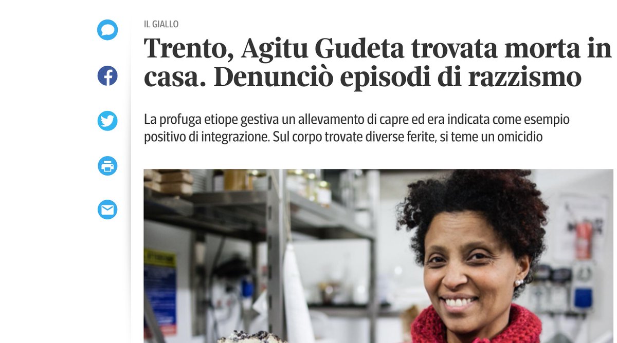 Attivista contro il #landgrabbing, Agitu era fuggita dall'Etiopia nel 2010. 
Ricordo un suo intervento appassionato a Terra Madre nel 2014, in cui aveva denunciato la politica del suo governo che stava svendendo milioni di ettari a multinazionali straniere.