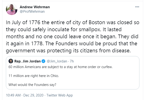 NewJeffCT's tweet photo. @smc429 @Jim_Jordan Susan - the Founding Fathers would be good with stopping a deadly disease in its tracks, and they did it: https://t.co/lw7RLfJkWG