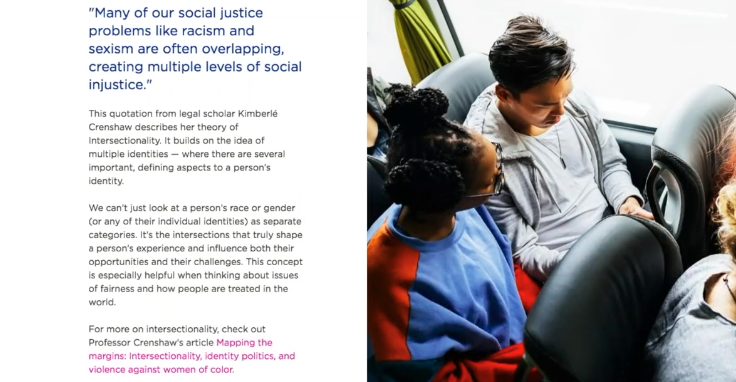 The identities module "introduces learners to the concept of intersectionality, explaining that we all have a variety of identities pertaining to our race, ethnicity, nationality, class, religion and spirituality, culture, gender, and sexual orientation that make us unique"