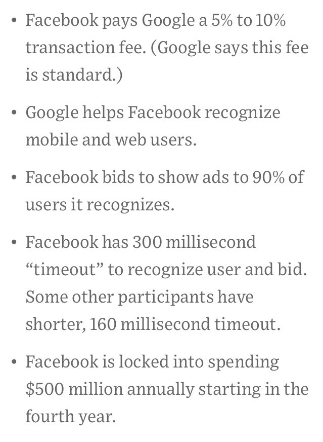 WSJ has now reported Facebook and Google’s sketchy price fixing deal terms. Alleges the “duopoly” allocated their surveillance advertising biz and this sure seems to back it up.  https://www.wsj.com/articles/inside-the-google-facebook-ad-deal-at-the-heart-of-a-price-fixing-lawsuit-11609254758