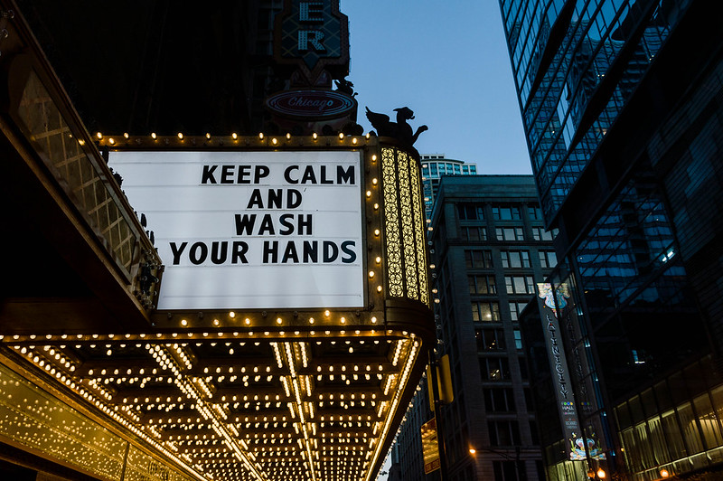 Marquee with the text, "Keep calm and wash your hands". Photo by janfber on Flickr and used under the CC BY-NC 2.0 license.