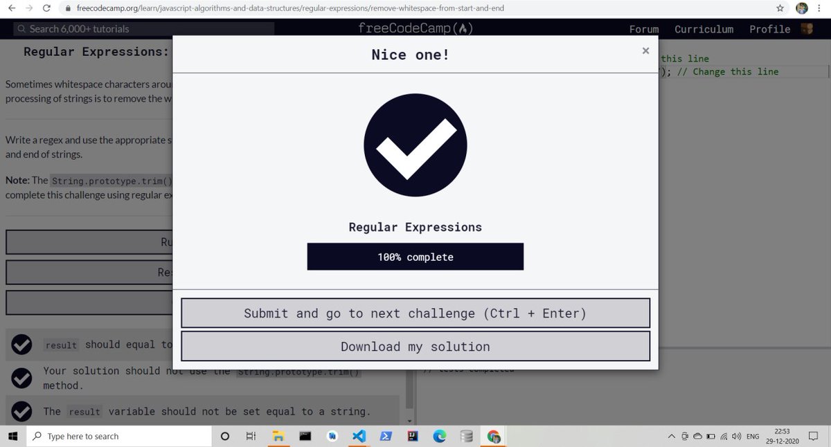 MadhukeshD's tweet image. Day 20 - Completed Regular expressions @freeCodeCamp
#100DaysOfCode #100DaysOfWeb #WebDev #CodeNewbie