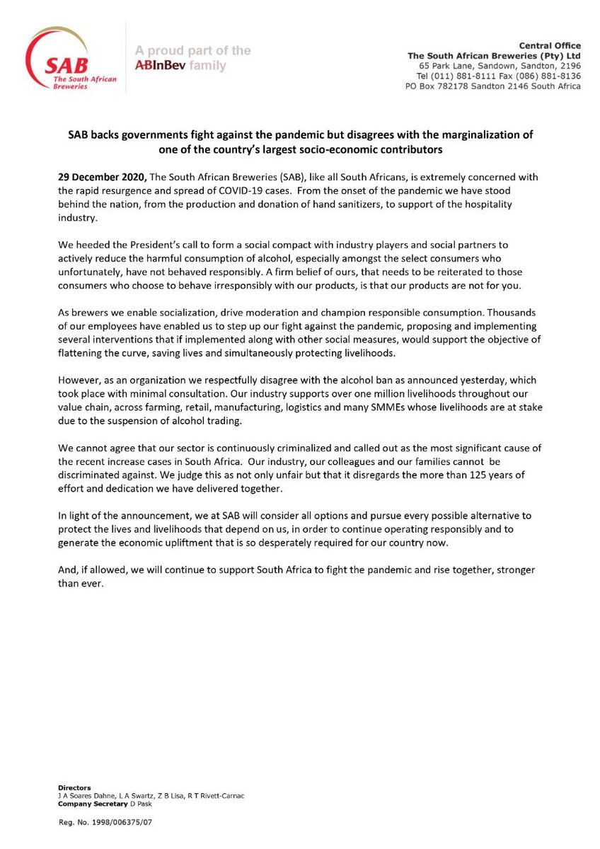 SAB supports governments' fight against the COVID19 pandemic, however, we do not agree with the suspension of alcohol trading. Putting over 1 million livelihoods throughout our value chain at risk #ResponsibleTogether