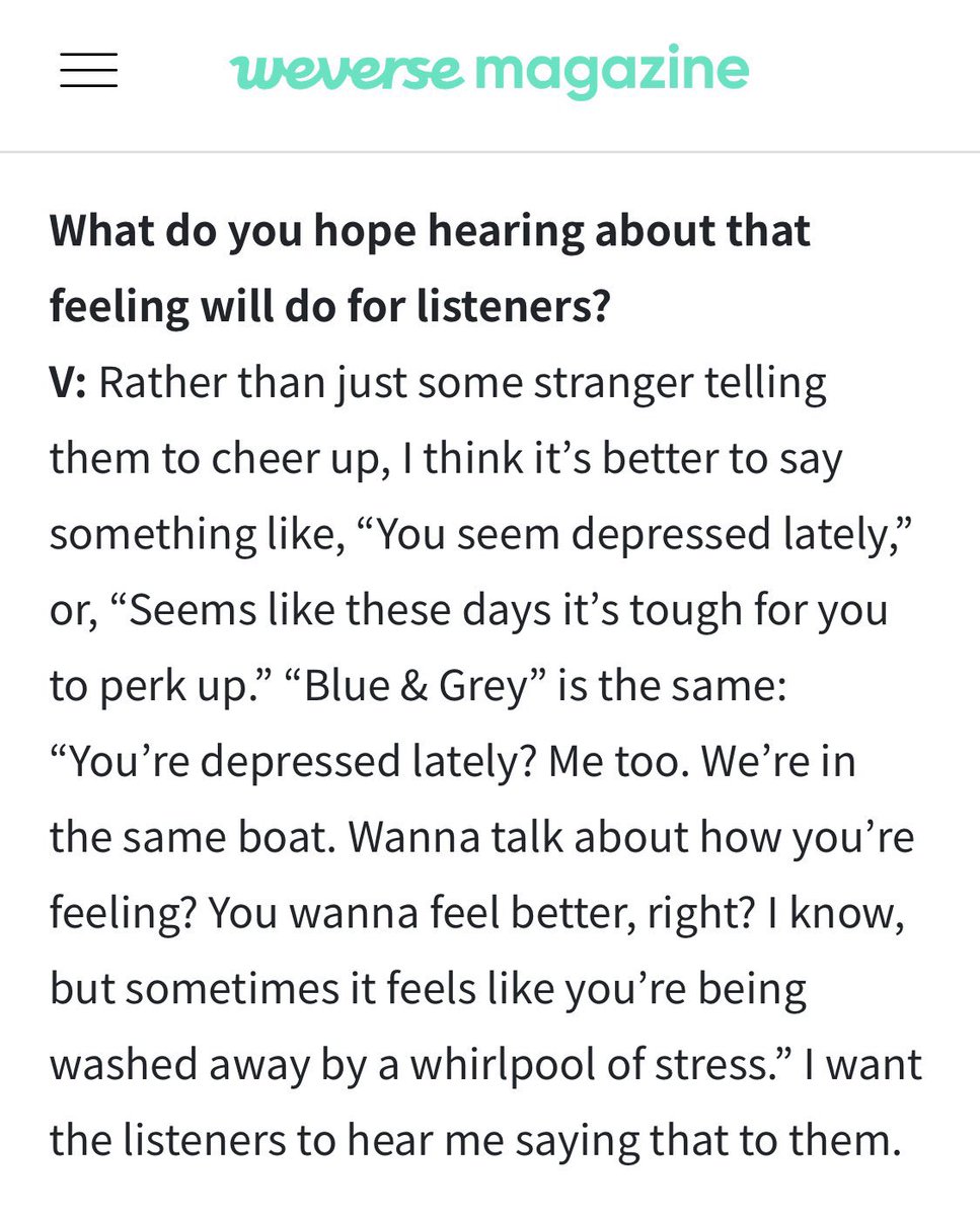 #HappyBirthdayTaehyung“You’re depressed lately? Me too. We’re in the same boat.”- @BTS_twt Tae on what he wants people to hear from  #BlueAndGrey Thank you for sharing about your depression so candidly and came up with a beautiful song! #Taehyung  #V  #태형  #방탄소년단4/8  https://twitter.com/bighitent/status/1331100248224145408