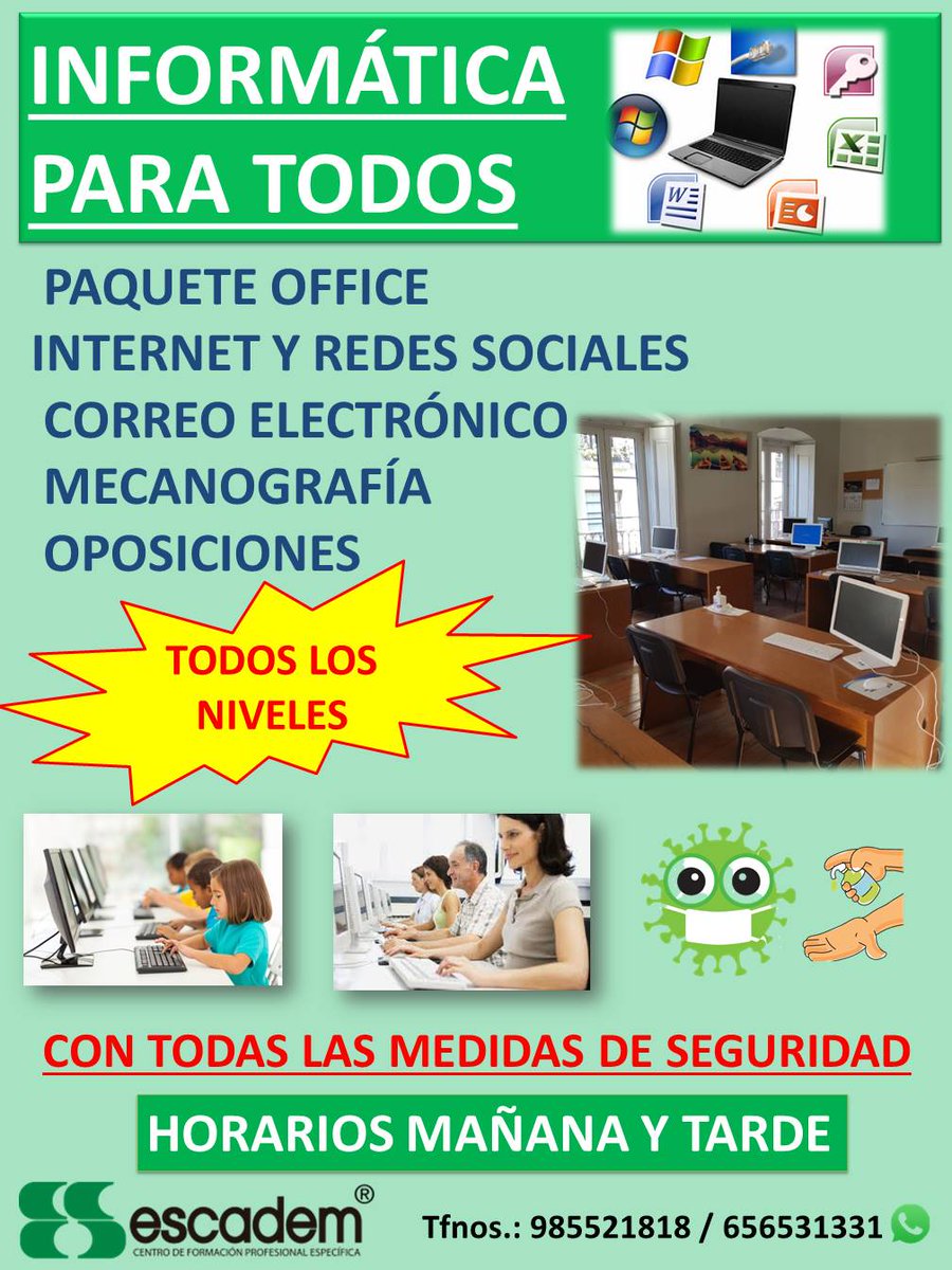 Escadem's tweet photo. #ClasesDeInformática ¡¡Todos los niveles!!! y para todas las edades. Grupos reducidos y #protocolo específico anti Covid. Horarios de #mañana y #tarde ¡¡Infórmate sin compromiso!! #Escadem Tlfs. 985521818 / 656531331 https://t.co/aBJMTVvdyS