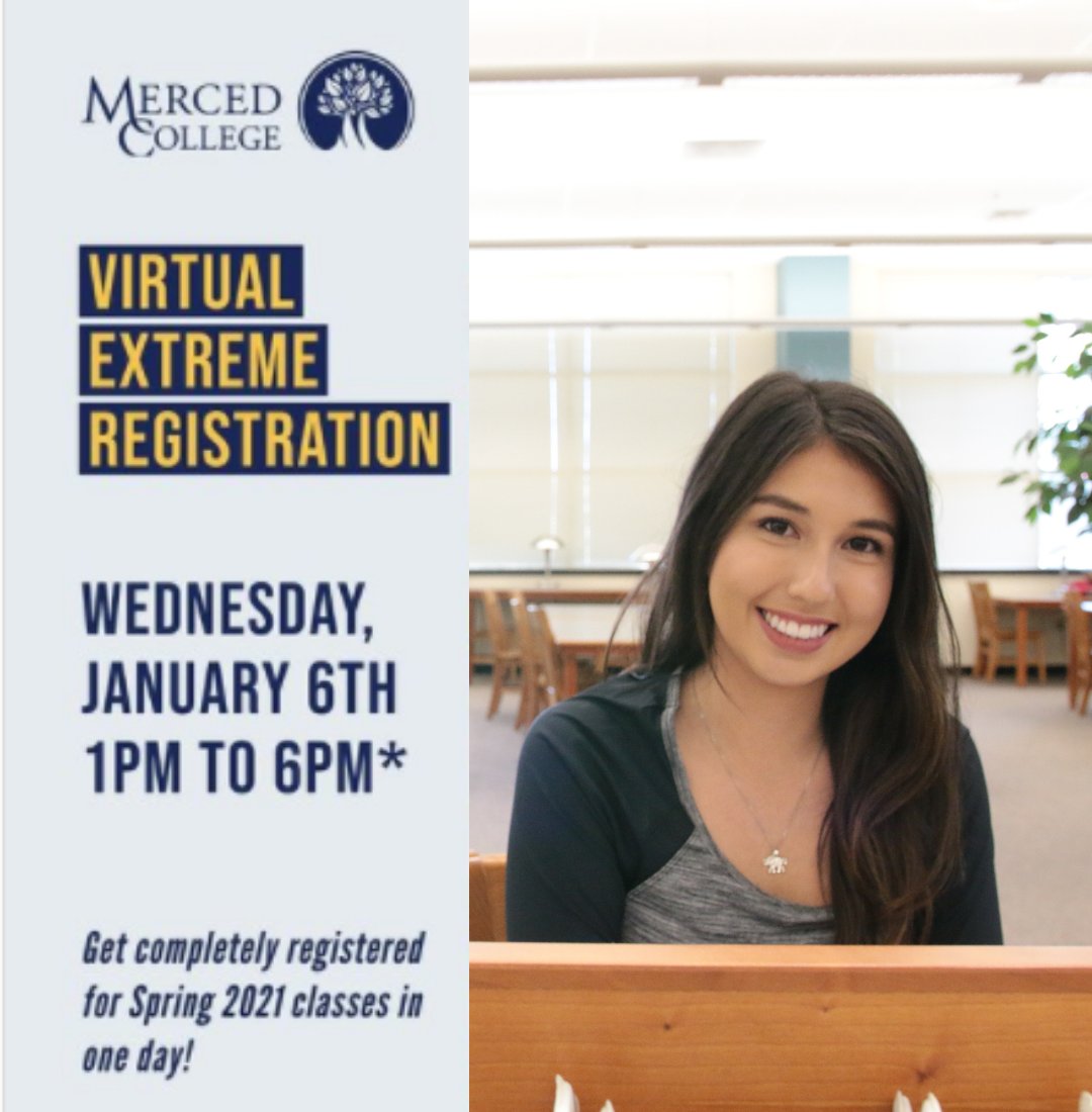 TheMCOutreach's tweet photo. Merced College is hosting one more Virtual Extreme Registration for the SPRING 2021 semester! Get completely enrolled and meet with counselors and staff all in one day! There's no better time than now to further your education!
RSVP at the link in our bio! https://t.co/GXhzwVwF8P