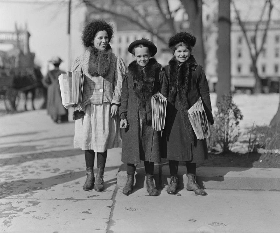 Have been selling 2 years. Youngest, Yedda Welled, is 11 years old. Next, Rebecca Cohen, is 12. Next, Rebecca Kirwin, is 14. Location: Hartford, Connecticut.Ca. 1909