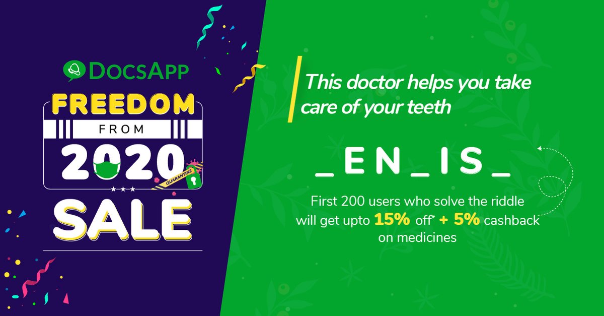 DocsApp_in's tweet image. Get ready for day 5 of our year-end giveaway on medicines orders & more.
Unlock your special discount by guessing the coupon code below.
#MediBuddy #AapkaHealthBuddy #Contest #contestalert #contestalertindia #contestgiveaway #contesttime #contestoftheday