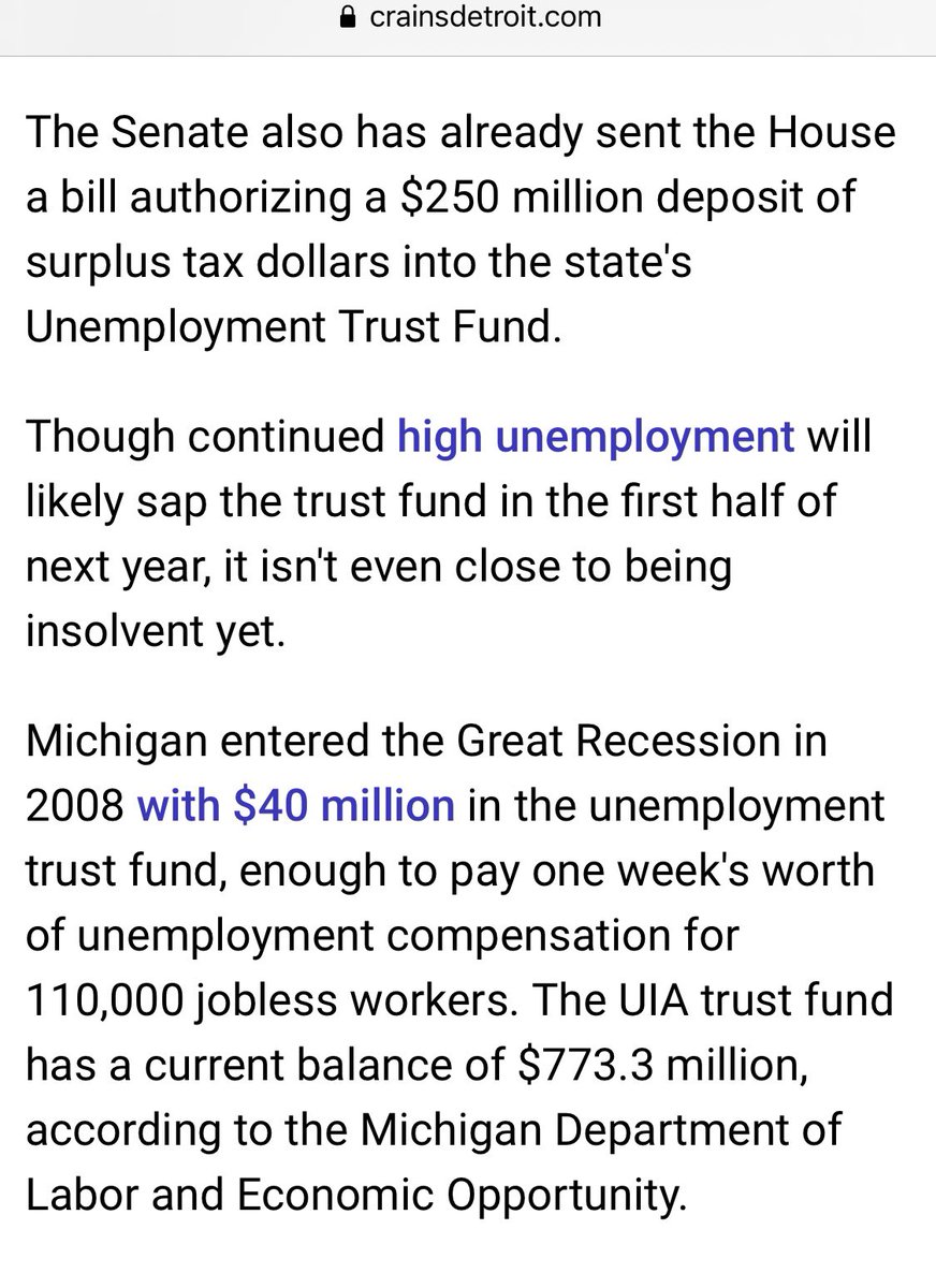 GOP lawmakers wanted to make other areas of gov’t pay for a continued 6-week extension of unemployment benefits.And, again, employers fund the trust fund, not average Joe who works on a 1099 & is ineligible got UI. Legislature wanted to make Joe pay in. https://www.crainsdetroit.com/voices-chad-livengood/analysis-legislature-sitting-387-million-surplus-how-much-will-it-spend