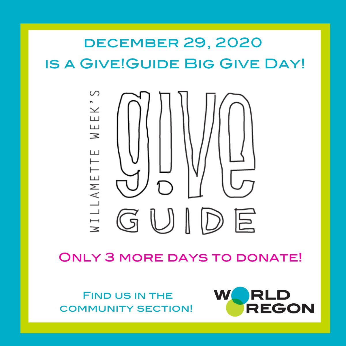 We hope you all are having a wonderful holiday season! 

Today is the last Big Give Day, and WorldOregon donors will be eligible for extra prizes. Donate today for a chance to win a McMinnville Wine Country package and WorldOregon gifts!

Give a gift at giveguide.org/#worldoregon