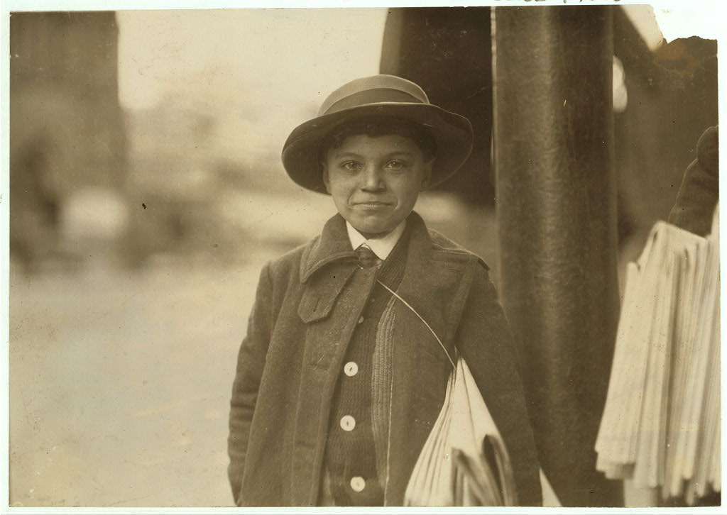 Smallest boy is Max Schwartz (8 yrs. old) and Jacob Schwartz, 163 Howard St., Newark, N.J. Sell until 10 P.M. sometimes. Location: Newark, New Jersey.1909, by Lewis Hine.