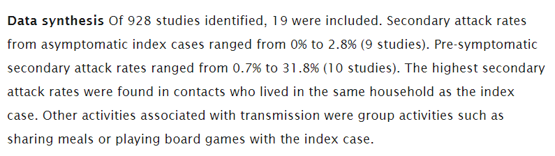 Since we are relying upon other studies in the literature, we were unable to separate out fully asymptomatic index cases (never develop symptoms) from pre-symptomatic index cases. But others have tackled this problem directly. Their conclusions below. 3/7 https://www.medrxiv.org/content/10.1101/2020.09.01.20135194v2