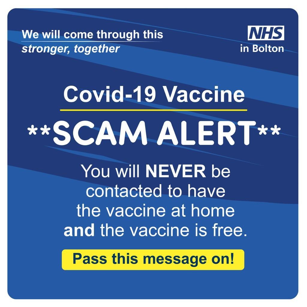 Older residents are being targeted by Covid scams - callers are offering home vaccines and payment for access to vaccinations.
 
Nobody will be contacted to have their vaccine at home and the vaccine is free – please share this with friends and family.