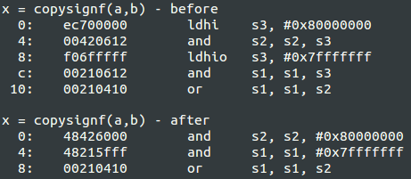 m_bitsnbites's tweet image. Introduced a new, smarter immediate value encoding for #MRISC32 instructions: 14-bit value plus a hi/lo bit (place value in upper/lower 14 bits of a 32-bit word). Useful for masks and such. Now the copysignf() code generated by GCC is 40% shorter 👍