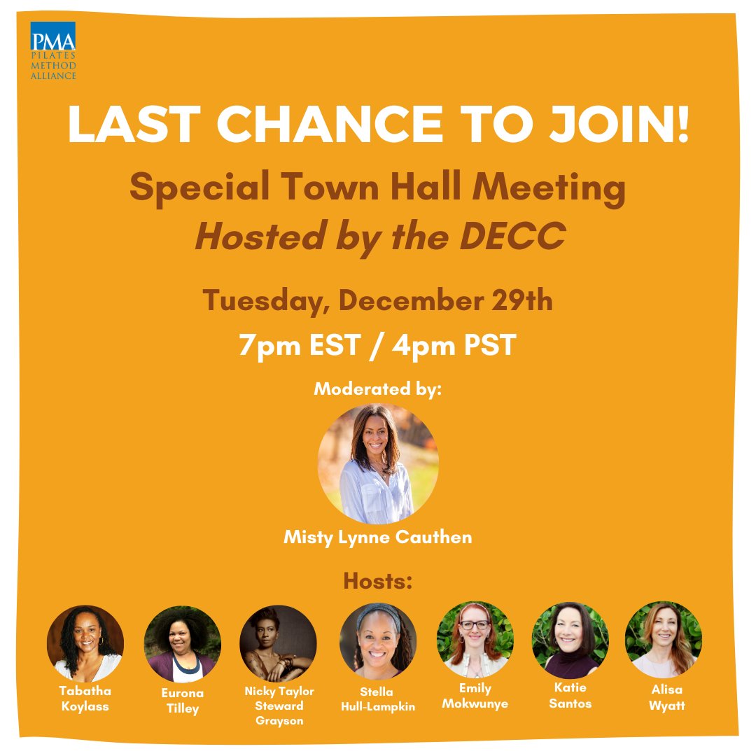 Last Chance to Join the Special PMA Town Hall Meeting Hosted by the DECC

Learn more: bit.ly/Special-PMA-To…

#pilatesmethodalliance⁣⁣
#pilatesindustry⁣⁣
#pilatescommunity