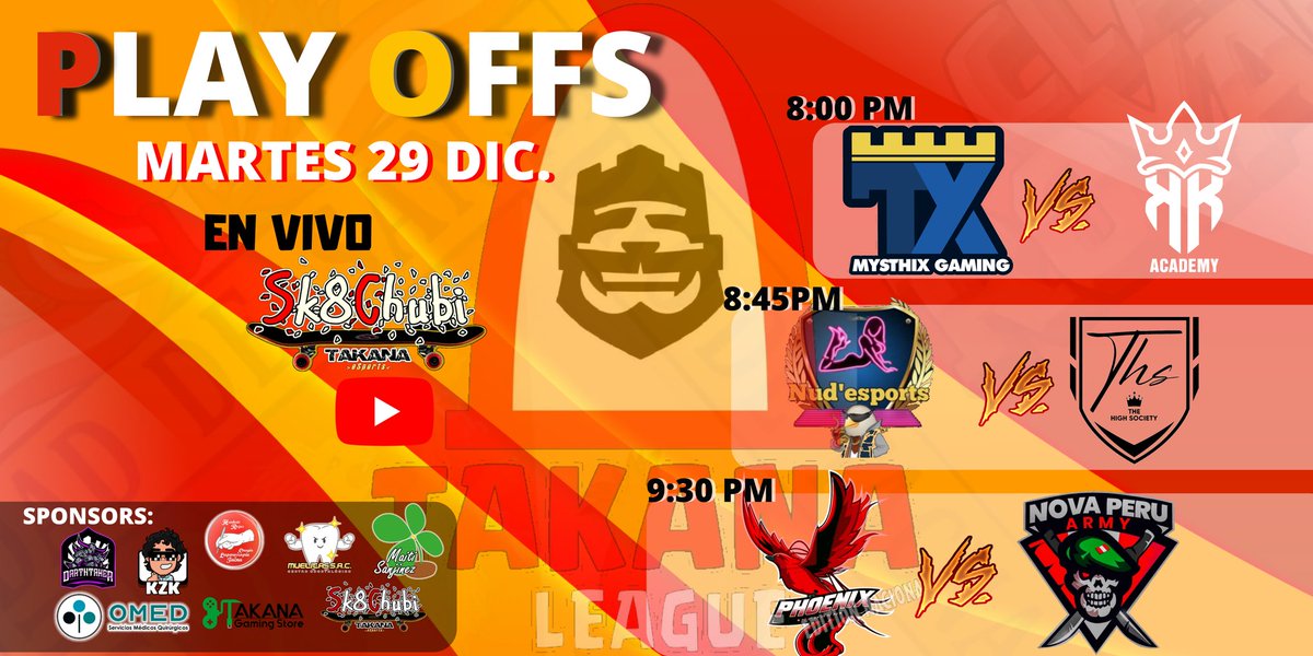 #TakanaLeague | #ComunidadPeruanaCR

⚔GAMEDAY | #PlayOffs

📢 Ayer grandes sorpresas! Hoy continuamos con los 8vos de final!
📺 YouTube: <a href="/Sk8ChubiCR/">Sk8Chubi</a> 

#PlayOffsTakanaLeague
<a href="/mysthixgaming/">Mysthix Gaming #QuédateEnCasa</a> 🆚 @KOK_Academy   
@NuddesportsPE 🆚 <a href="/TheHighSociet11/">The High Society</a>
<a href="/PhoenixRebornGG/">Phoenix Reborn</a> 🆚 <a href="/NovaPeruArmyGG/">Nova Perú Army</a>