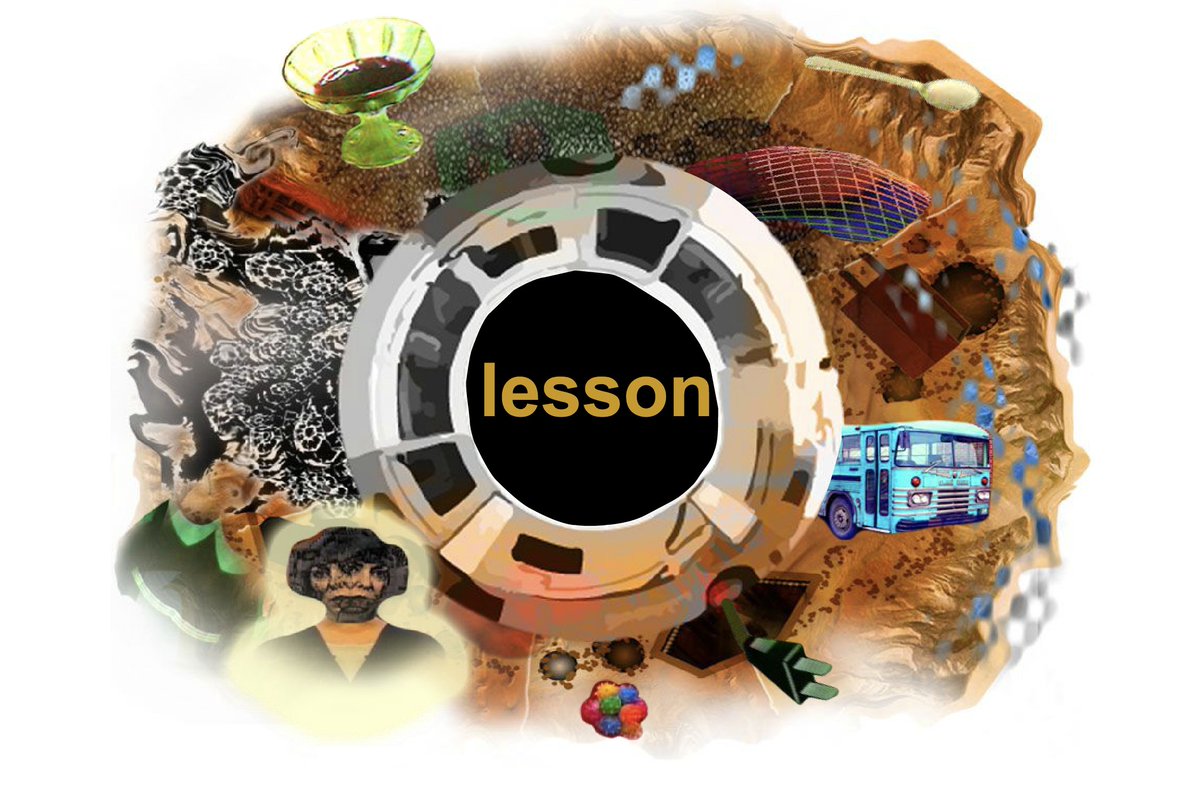 the word 'lesson' overlaid on a collage of imagery in hand-painted style