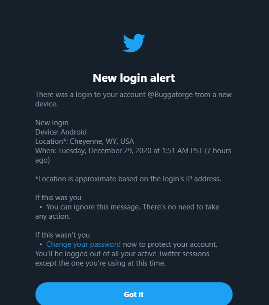 Buggaforge's tweet photo. Yo, just posting this just incase something did happen on my account that I didn't know about.

Yea someone hacked into my twitter account and so far from what i've found, done literally nothing with it. Got not idea what's up with it. https://t.co/JfCAnUcZZp