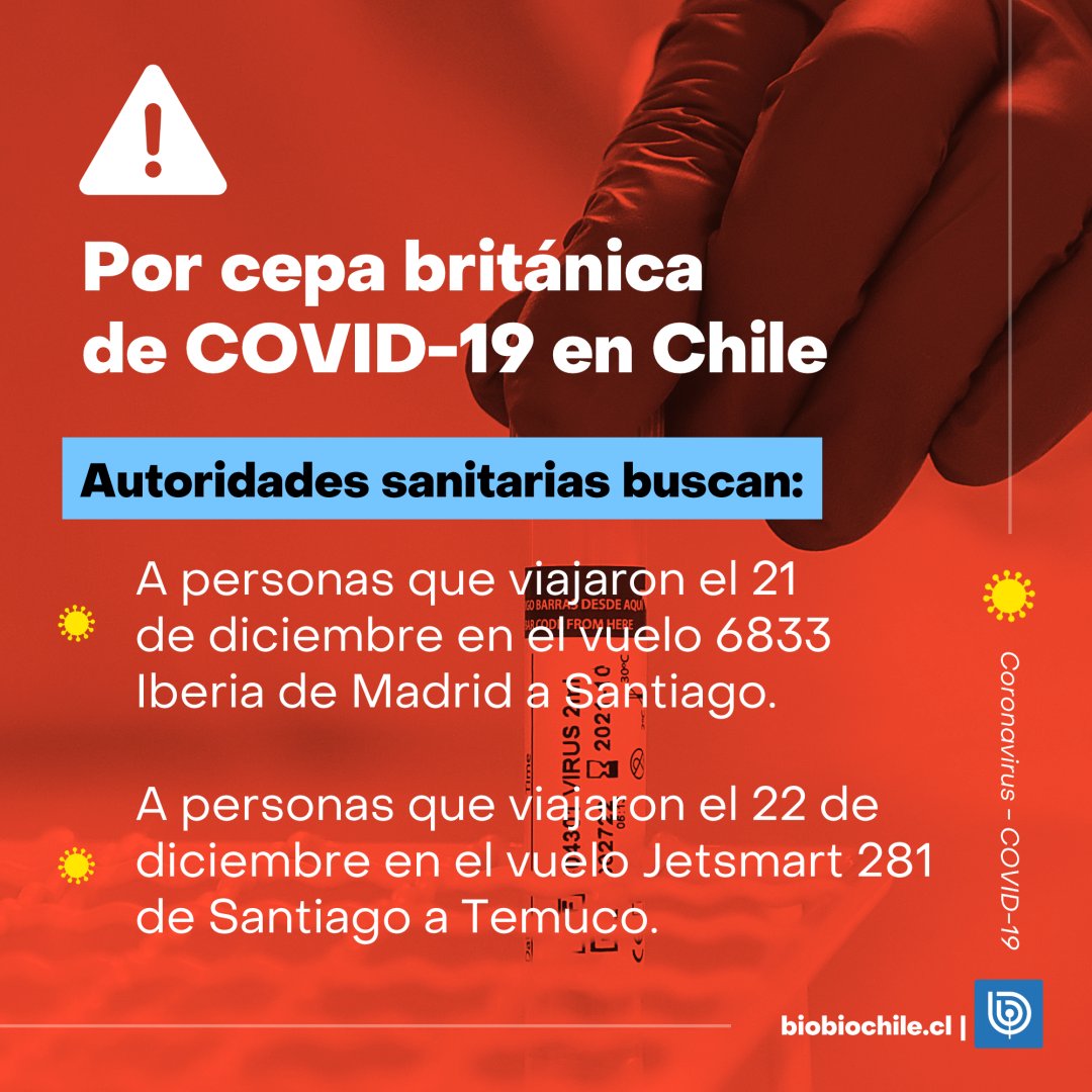 biobio's tweet photo. Tras confirmarse un caso en Chile de la nueva cepa de #covid19 el Gobierno se encuentra en la búsqueda de todos los contactos. 

Les pedimos que si no fueron parte de esos vuelos, de todas formas puedan compartir el aviso. Mientras más rápido se pueda controlar, mejor para todos. https://t.co/9vgEJ7CaG7