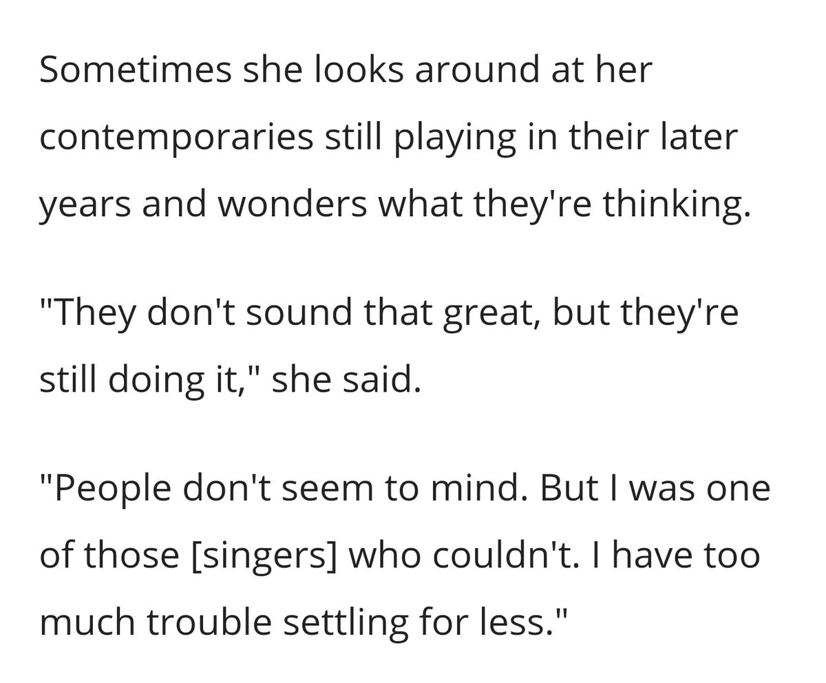 Anne Murray is also a known, confirmed perfectionist. She retired from the music industry bc her voice as it aged was not 100% by her standards. In fact she thinks her music colleagues still working don't sound good, implying they should *exit stage*:  https://www.google.com/amp/s/www.cbc.ca/amp/1.5814953
