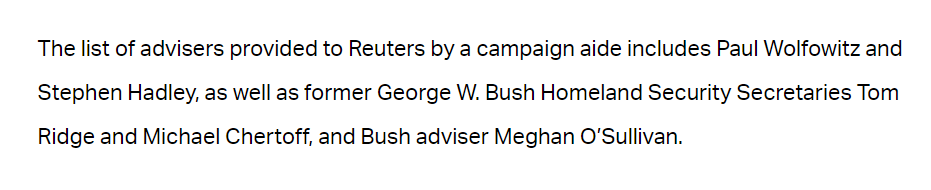 So after the Iraq debacle, Ridge atoned by working with Jimmy Carter building houses for poor people with Habitat for Humanity.Oh, wait - I mean, in 2015 Ridge hooked up with the Jeb Bush campaign, along with these other unrepentant warmongers.  https://archive.thinkprogress.org/the-same-people-who-lied-to-you-about-iraq-are-now-in-charge-of-jeb-bushs-foreign-policy-2bc7e1e874d7/