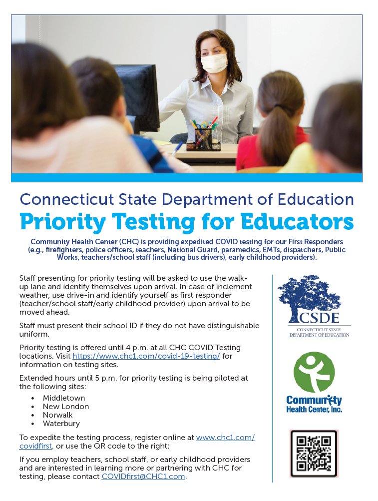 EducateCT's tweet photo. ATTN Teachers/School Staff/Early Childhood providers! @CHCConnecticut is Expanding Priority Access to Expedited #COVID19 Testing for CT Educators! 

Get More Info &amp; Testing Locations (with additional priority testing sites for educators coming soon): https://t.co/JtER7s49HN. https://t.co/40pwOBgxom