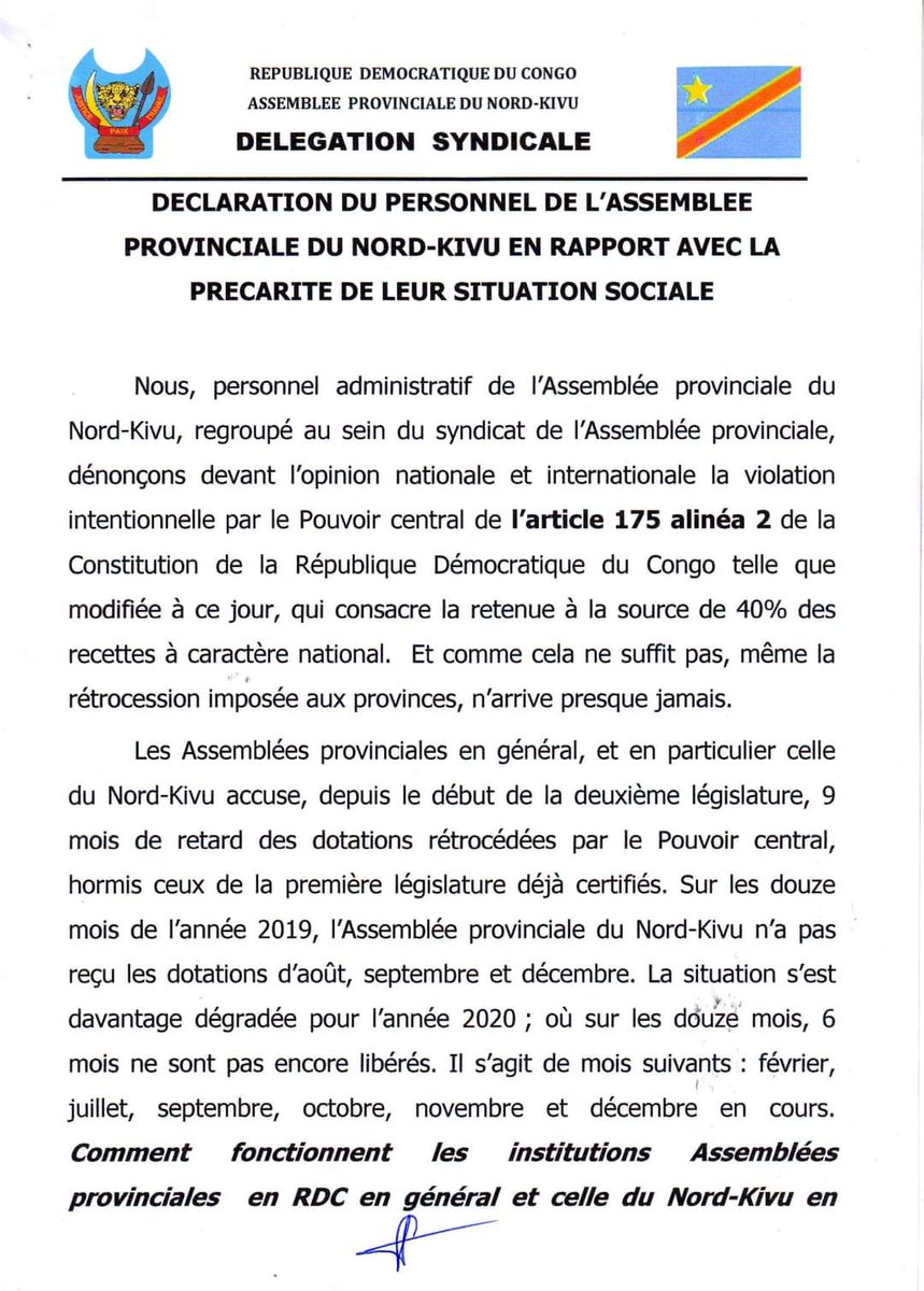 MwamisyoNdungo's tweet photo. Le personnel de l' #AssProv. du Nord-Kivu dénonce la violation de l'article 175, al.2 de la Constitution qui parle de la retenue à la source mais Kinshasa poursuit avec la rétrocession qui n'arrive presque jamais.
➡️ Leur situation sociale est devenue précaire.
(Déclaration) 👇 https://t.co/ZhEu5aWwQ6