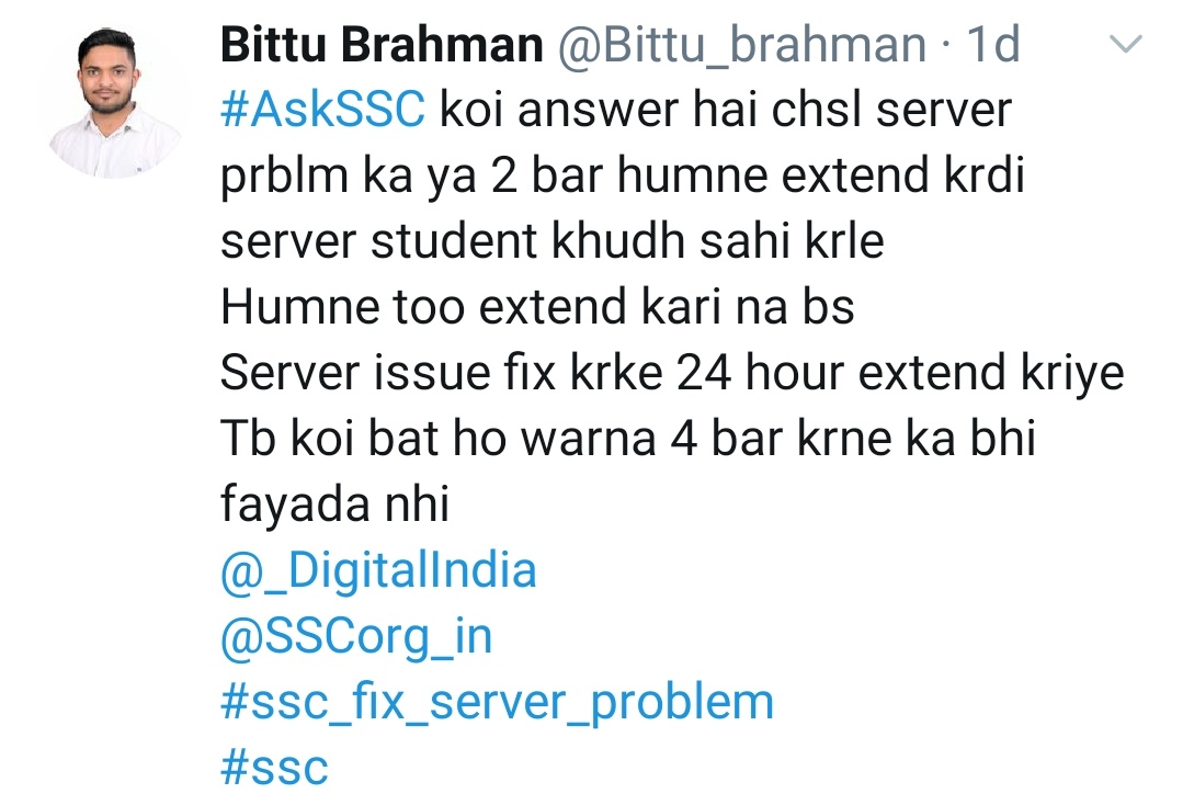 Bittu_brahman's tweet image. 1 saal ke intzar ko ek pal me khatam kr dete hai mazak bana diya 
#saveStudentsLife
#Ssc_chsl_server_fix_it
#CHSL 
#Ssc_extend_chsl_application_date 
#ssc_fix_server_problem
@DrRPNishank @vishalparihar_
@RAKESHY76586980 @RaMoSirOfficial @TheLallantop 
@_DigitalIndia 
@ravishndtv