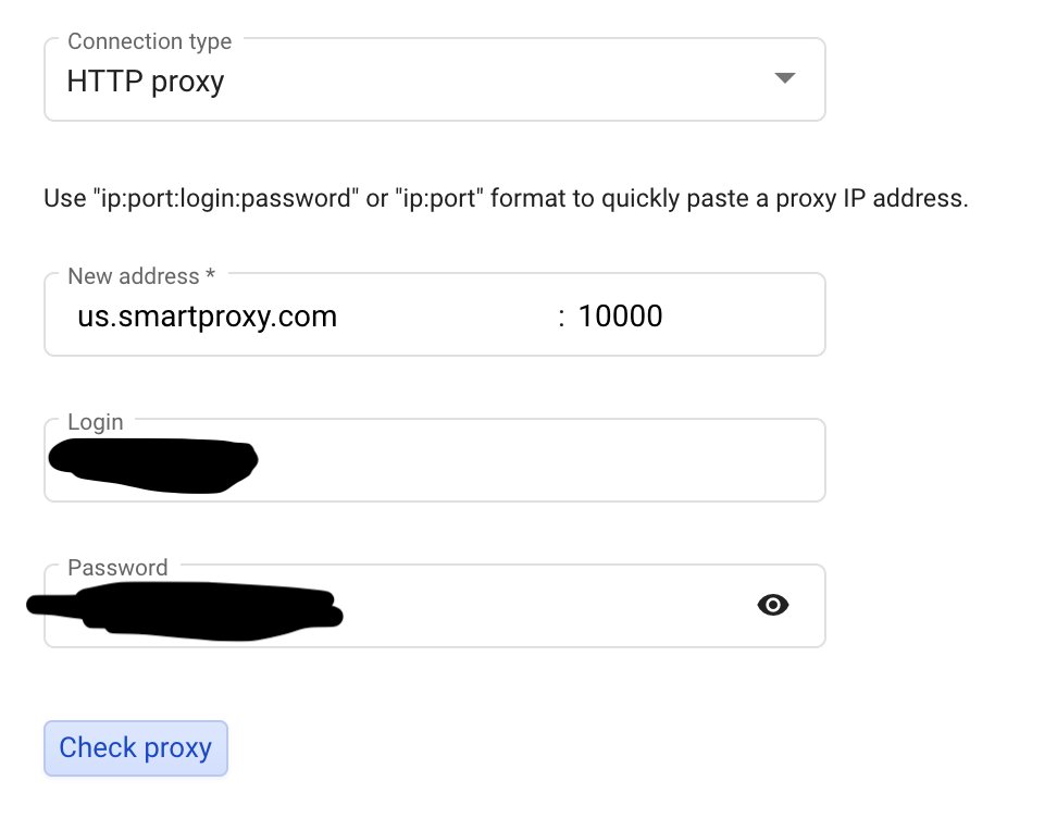 Select 'HTTP Proxy'.Type in ' http://us.smartproxy.com ' for the IP/host and 10000 for the port.Then type in your username and password from smart proxy that I mentioned earlier in the thread.