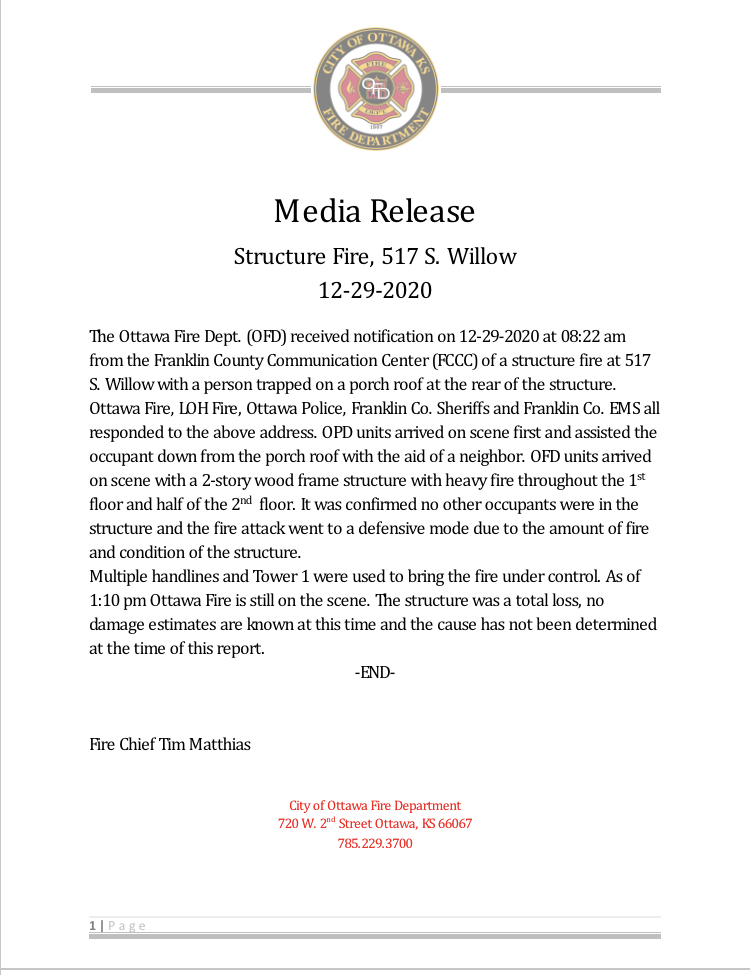 Ottawa Fire, KS tweet media