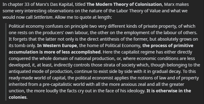 Marx actually develops an early analysis of settlerism akin to Sakai’s in Capital, Vol. 1, Ch. 33 as well as in On the Irish QuestionBelow is a summary of Ch. 33:  https://www.reddit.com/r/communism/comments/3f19jb/comrades_who_have_read_capital_what_are_some_of/ctkfg5e?utm_source=share&utm_medium=web2x&context=3