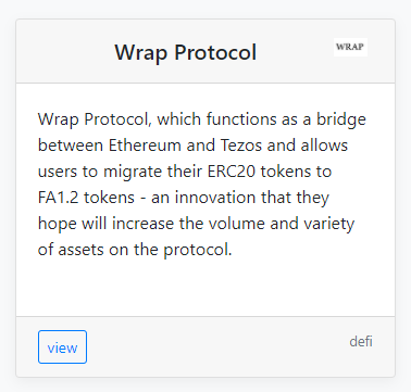   #Ethereum to  #Tezos gateway by Bender Labs with WRAP protocol (Wrap is an Ethereum-to-Tezos bridge that allows anyone to wrap ERC20 into FA2 tokens and use them on Tezos-based DeFi applications)