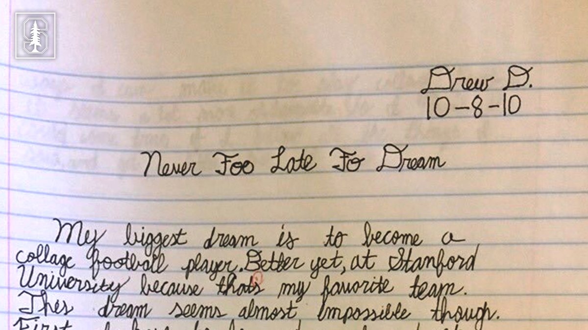 StanfordFball's tweet image. It&apos;s never too late to dream.

In June, Drew will graduate with a degree in mechanical engineering 🤓

Thanks for all you&apos;ve done to lead our program these last four years, @drewww0!

#GoStanford