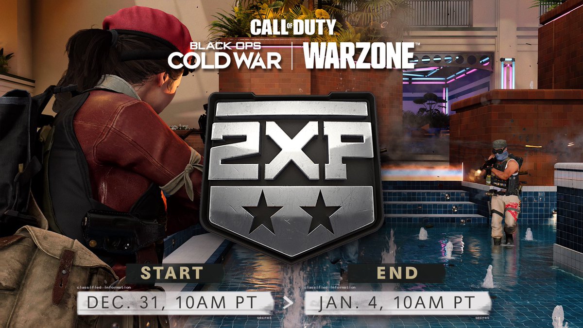 Live now in #BlackOpsColdWar &amp; #Warzone: 

• Double XP 

Ends Monday, Jan 4 at 10AM PT.