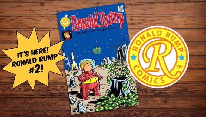 RonaldRumpComic's tweet photo. Ronald Rump #2 is here! It's 24 pages of crazy fun in the tradition of classic kids comics, featuring Ronald, Rudy &amp; Julian, the prehistoric Bonespurs family, and a trip to the Disenchanted Forest! Just $6 w/shipping in the U.S. 
https://t.co/HvgdUSMgRx https://t.co/Uf7nYBzpLy