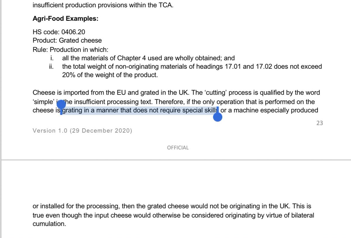 NEW: Extraordinary examples just published by Govt re what will NOT qualify for tariff free trade under UK-EU FTA from Friday as result of “rules of origin”... specialist considerations as to the 1. Grating of cheese2. Shelling of nuts3. Assembly of a table4. Eyes of a doll