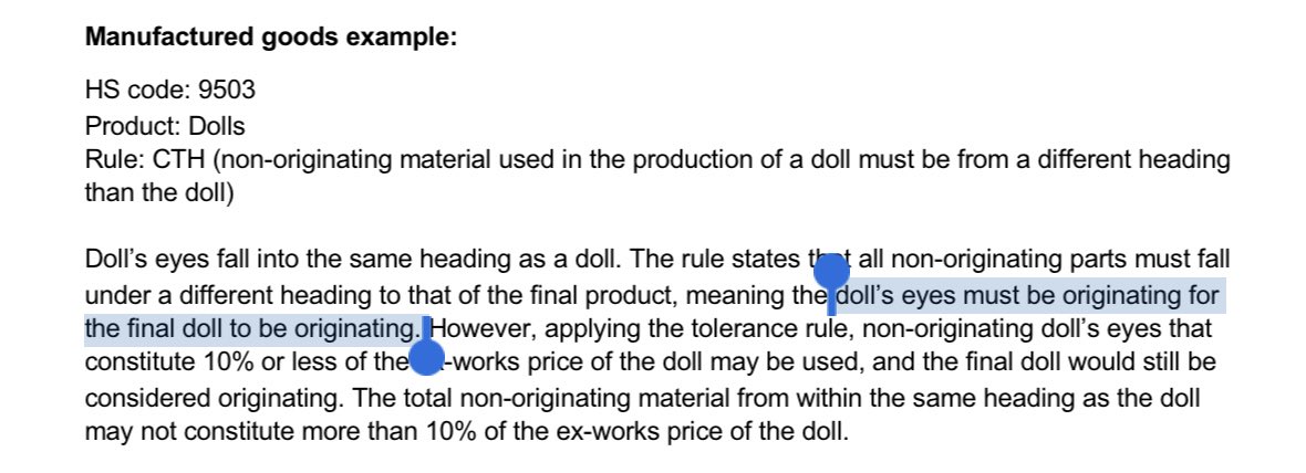 NEW: Extraordinary examples just published by Govt re what will NOT qualify for tariff free trade under UK-EU FTA from Friday as result of “rules of origin”... specialist considerations as to the 1. Grating of cheese2. Shelling of nuts3. Assembly of a table4. Eyes of a doll